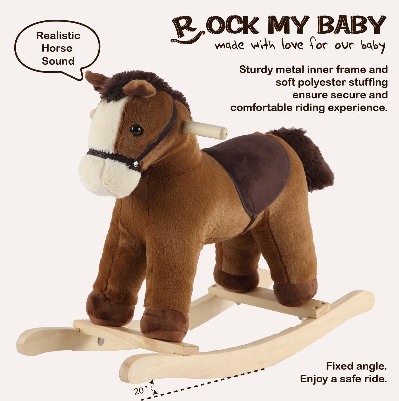 Rock My Baby Rocking Horse, Grey Wooden Horse with Sound Effects,Ride-on Toy,Balance Toy (Dark brown)