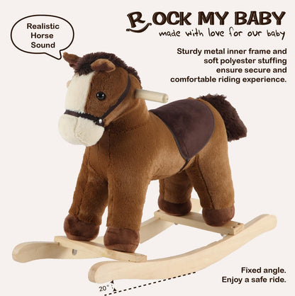 Rock My Baby Rocking Horse, Grey Wooden Horse with Sound Effects,Ride-on Toy,Balance Toy (Dark brown)