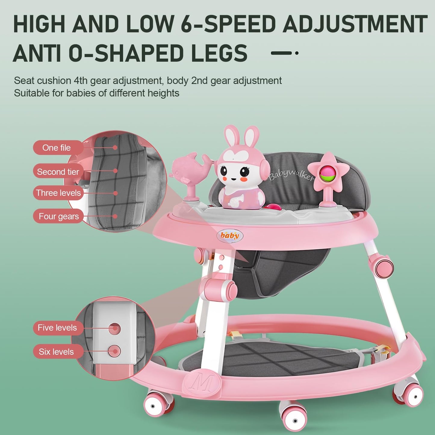 Pink height-adjustable baby walker with footrest, small toys, and music for ages 6-18 months, by Autrfso.