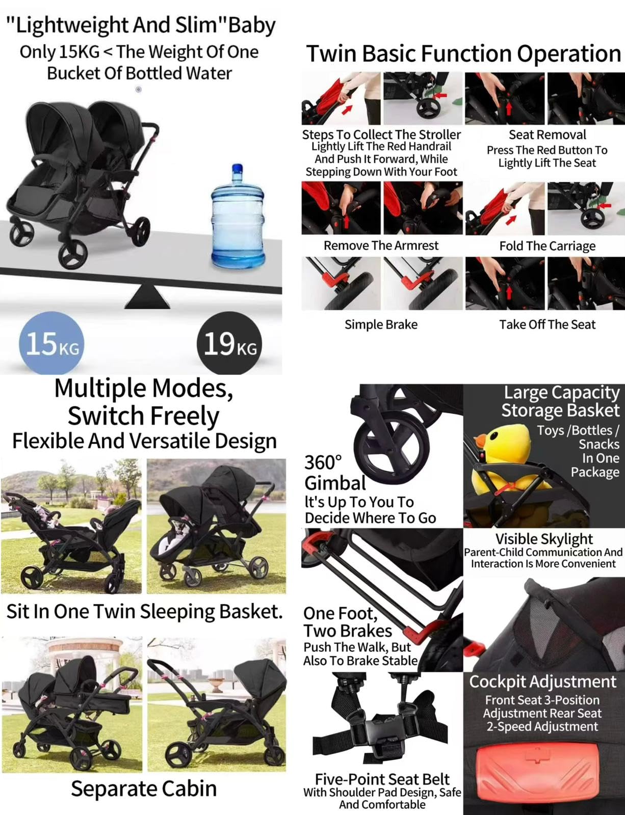 Rexhan Twin Baby Pram, 2 in 1 Foldable Double Baby Buggy, Reversible Tandem Pushchair, Twin All in One Stroller, Newborns, Toddlers, 0-4 Years, Aluminium Frame, Lightweight