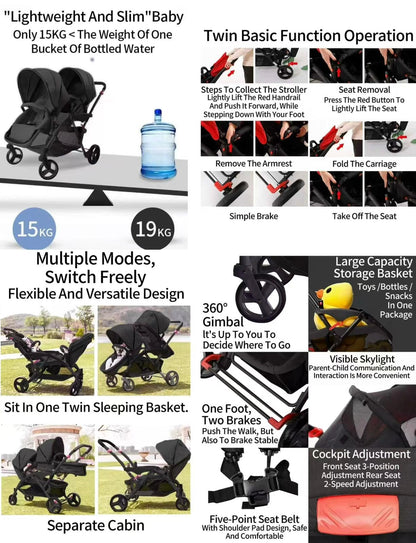 Rexhan Twin Baby Pram, 2 in 1 Foldable Double Baby Buggy, Reversible Tandem Pushchair, Twin All in One Stroller, Newborns, Toddlers, 0-4 Years, Aluminium Frame, Lightweight