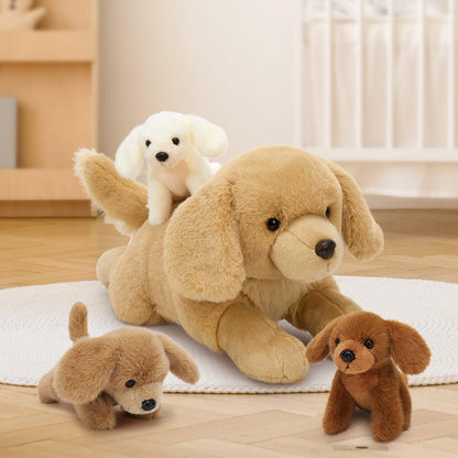 MorisMos Big Golden Retriever Teddy Soft Toy, 45cm Mom with 3 Cuddly Baby Inside, Giant Fluffly Dog Plush Toy Realistic Kawaii Gift for Kids Birthday Deco