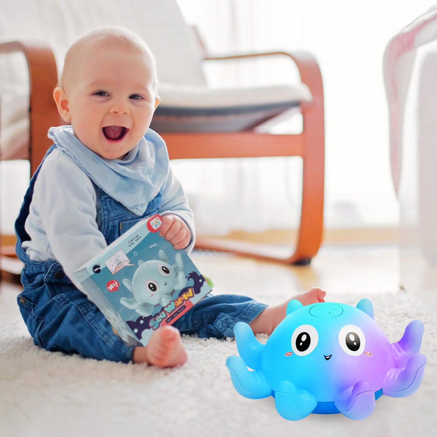 Jovicos Baby Bath Toys, Octopus Sensory Light Up Bath Toys, Automatic Induction Spray Water Toys, Bath Time Shower Gifts for Baby Girls Boys（Blue）