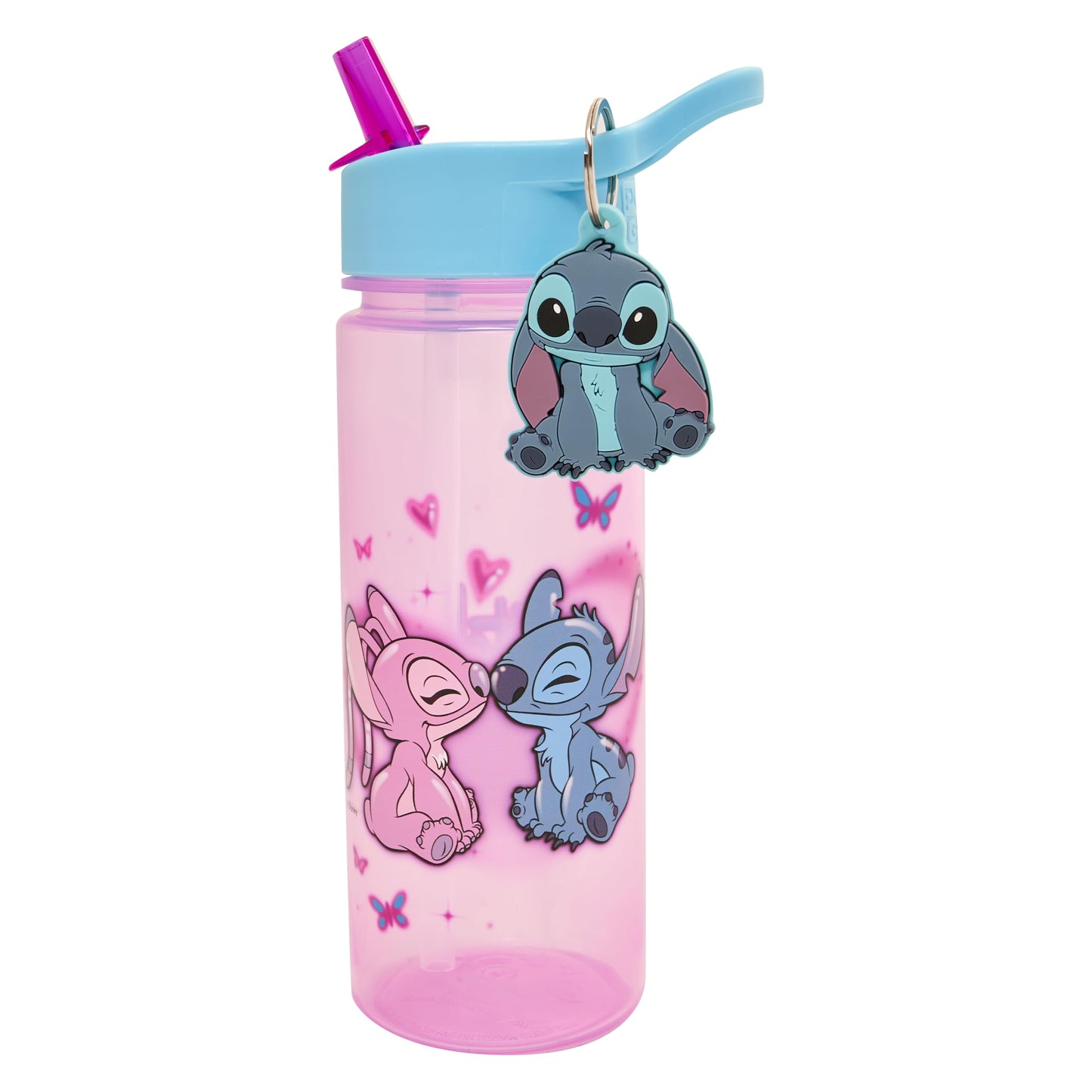 Disney Stitch and Angel 500ml kids water bottle with straw, featuring Stitch keyring charm, ideal for school and outdoor use.