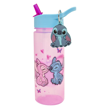 Disney Stitch and Angel 500ml kids water bottle with straw, featuring Stitch keyring charm, ideal for school and outdoor use.