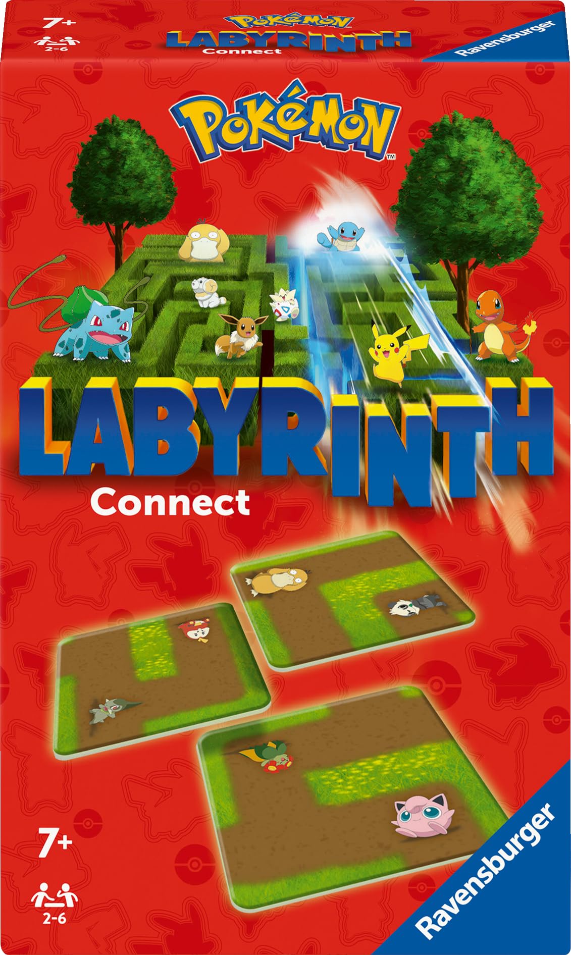 Ravensburger Pokemon Labyrinth Connect game featuring colorful maze design, cards, and players engaging in fun strategy.