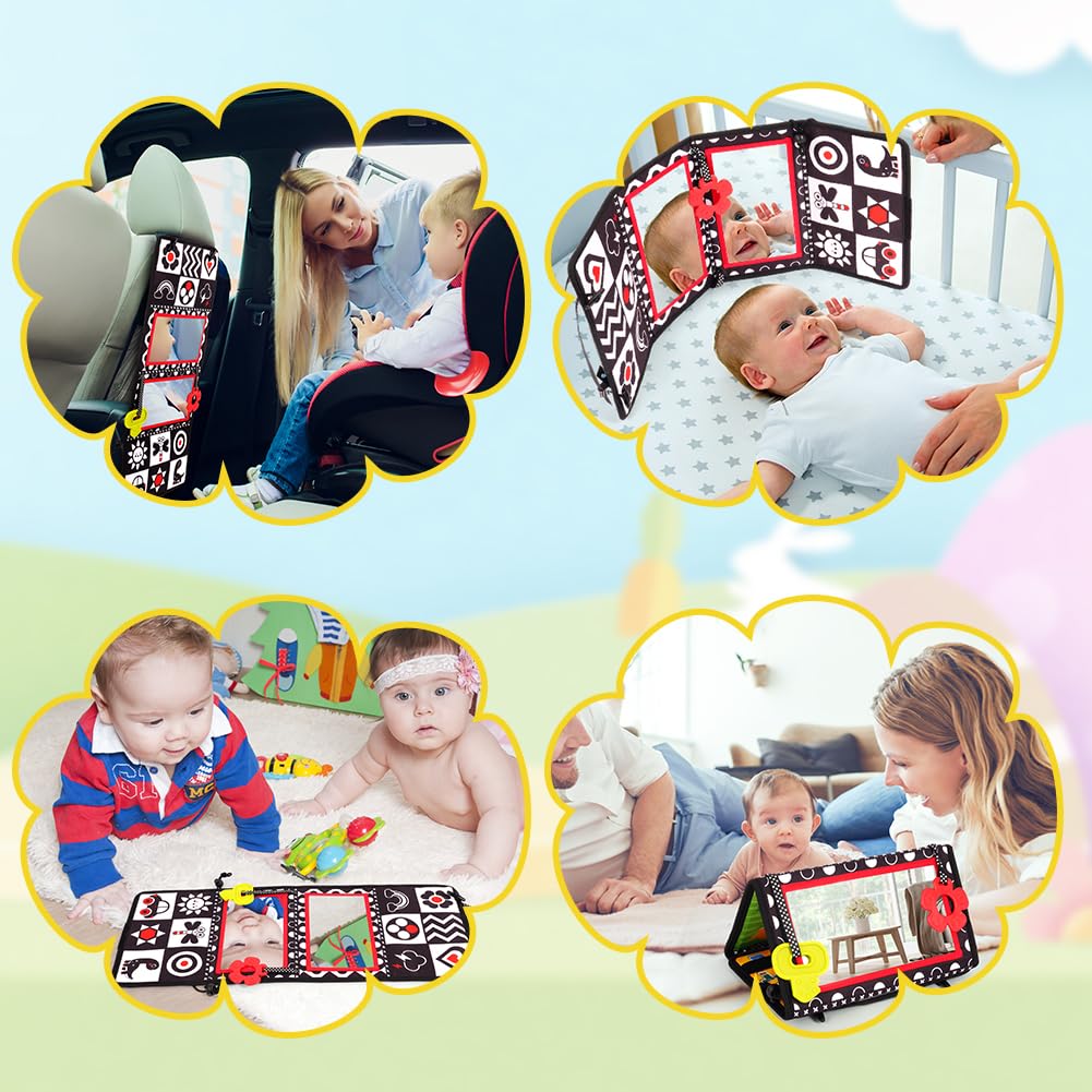 Vicloon Tummy Time Mirror Toys for Babies, Flip Mirror Foldable Baby Toys, Double-Sided Baby Mirrors with High Contrast Patterns, Black and White Babys Sensory Toys for Newborn 0-12 Months
