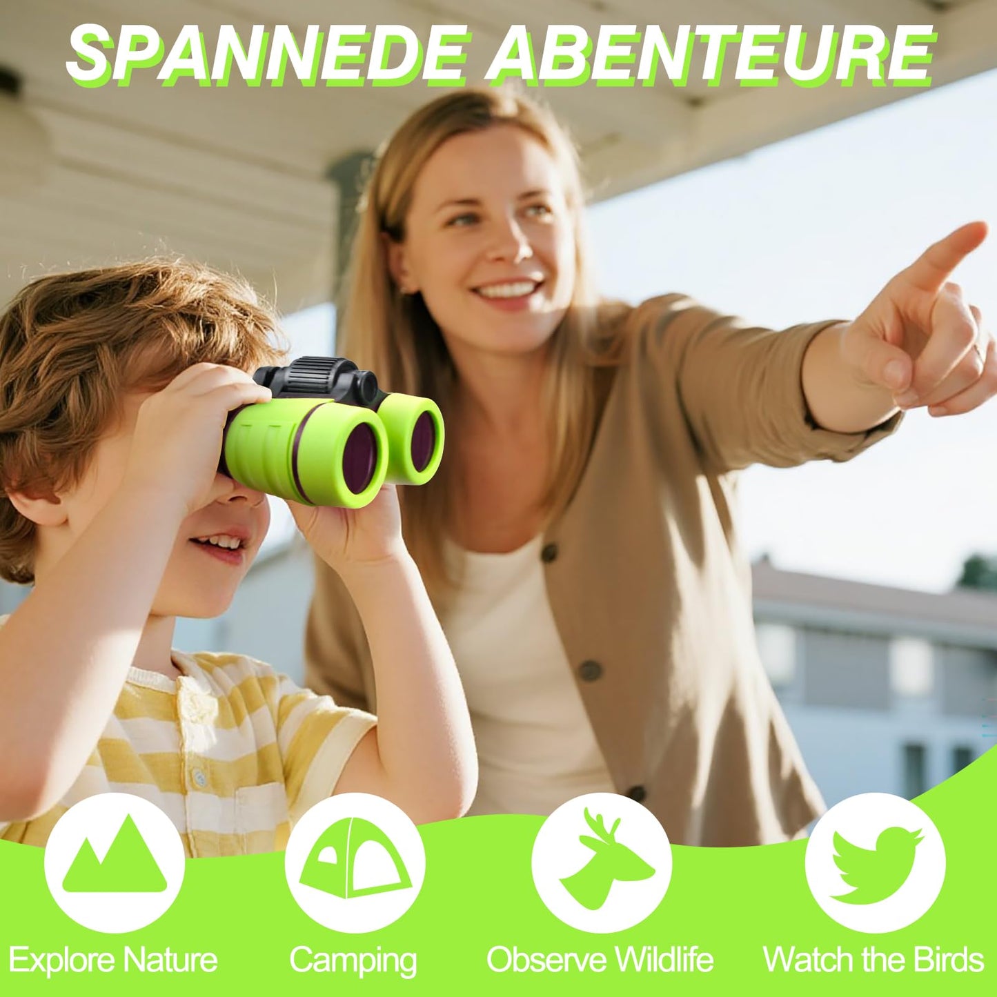 Green kids' toy binoculars by CARROUSEL with 4x30 magnification, ideal for children ages 3 to 8 for outdoor exploration and play.