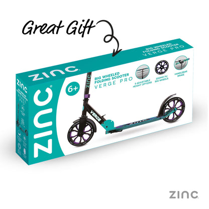 Zinc Verge Pro Kids Scooter – Big Wheel Kick Scooter for Ages 6+, Foldable 2-Wheel Scooter with 200mm Wheels, Lightweight, Height Adjustable, Rear Footbrake, Supports up to 100kg, Black & Green