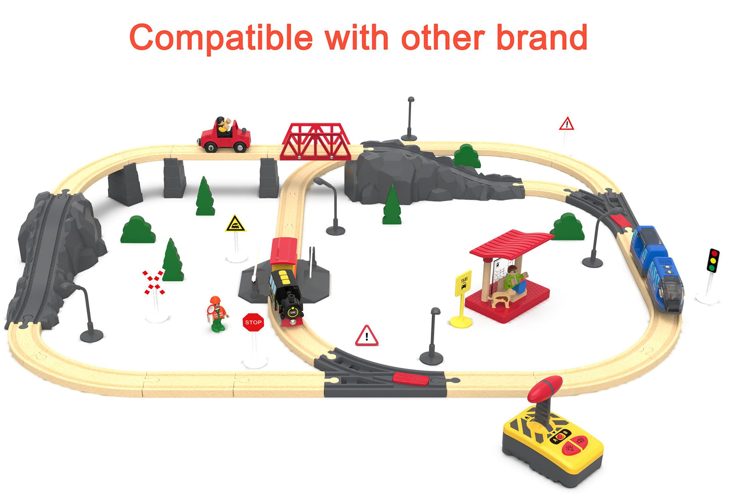 Motorized Train for Wooden Track, Remote Control Train with Magnetic Connection, Battery Operated Locomotive Train for Toddlers, Compatible with Thomas, Brio, Chuggington
