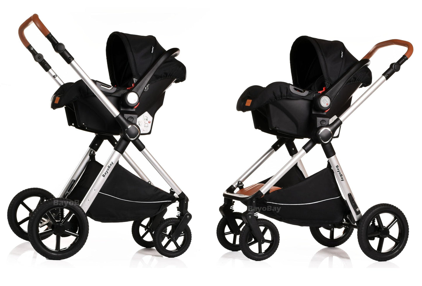 BayoBay 3-in-1 baby buggy pram with car seat and carrycot, lightweight folding stroller for newborns and toddlers in black silver.