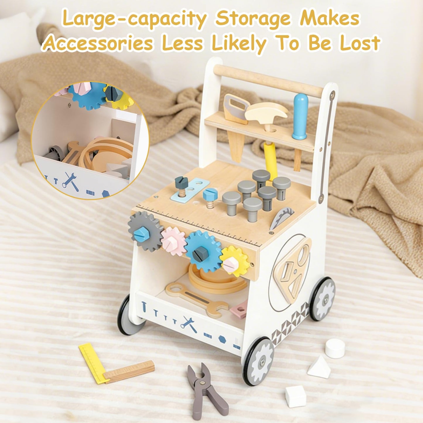 Caossuixin wooden baby walker with shape sorter, toy tools, workbench, and clock for toddlers aged 6-12 months, educational activity center