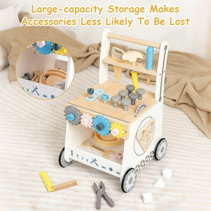 Caossuixin wooden baby walker with shape sorter, toy tools, workbench, and clock for toddlers aged 6-12 months, educational activity center