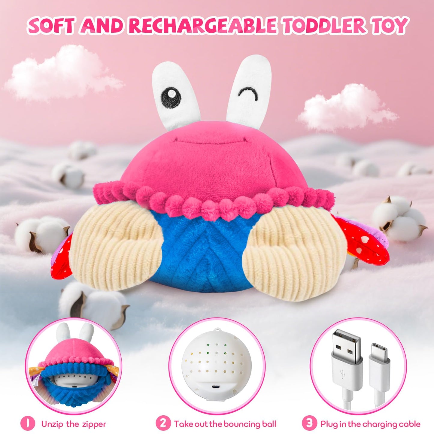 SAIMAND Dancing Crab Baby Toys 6-12 Months, Musical Crawling Crab with Music, Record & Replay, Montessori Sensory Plush Tummy Time Toys for 1 2 3 Year Old Boys and Girls Gifts (Pink)