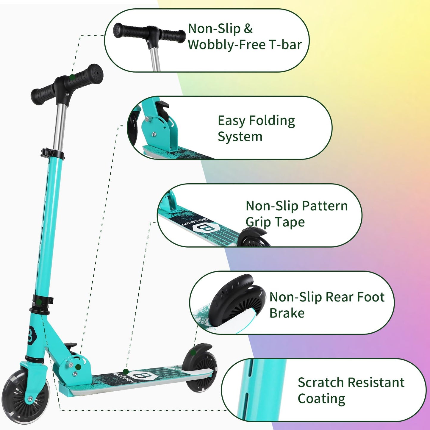 BELEEV kids' folding scooter with light-up wheels, adjustable height, non-slip deck, suitable for children ages 3-12, boys and girls.