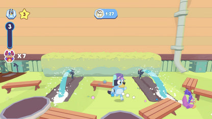 Bluey: The Videogame for Nintendo Switch, colorful game box featuring Bluey and friends, by Outright Games.