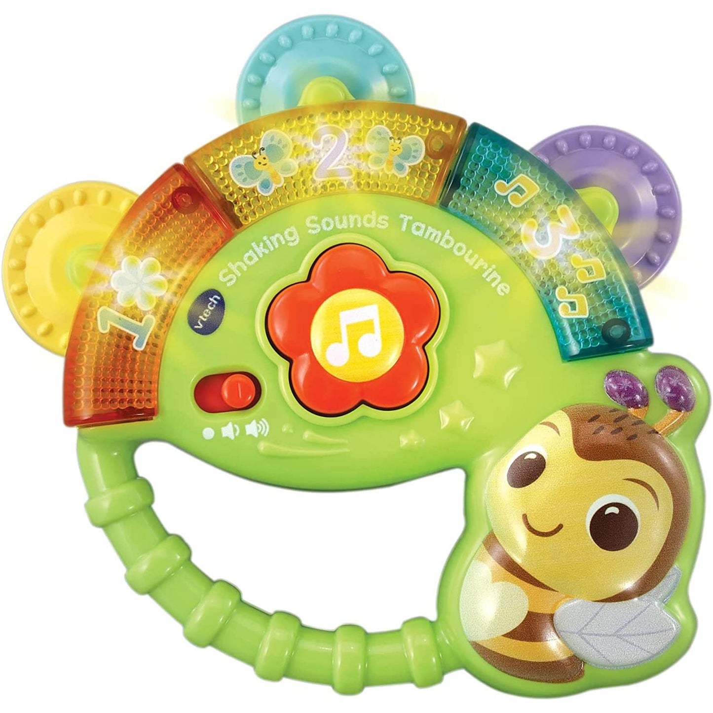 VTech Baby Shaking Sounds Tambourine sensory toy with colorful lights and music for infants and toddlers.