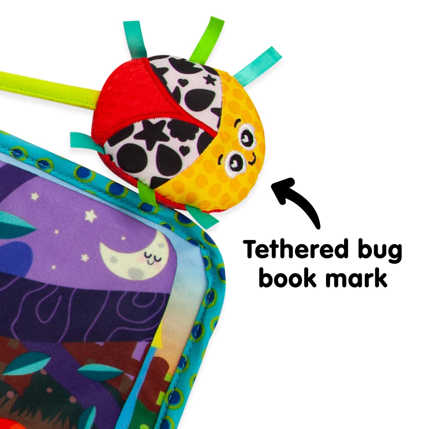 Lamaze Bitty Bug Book sensory toy for babies, clip-on pram and pushchair toy with colorful pages and sounds for newborns.