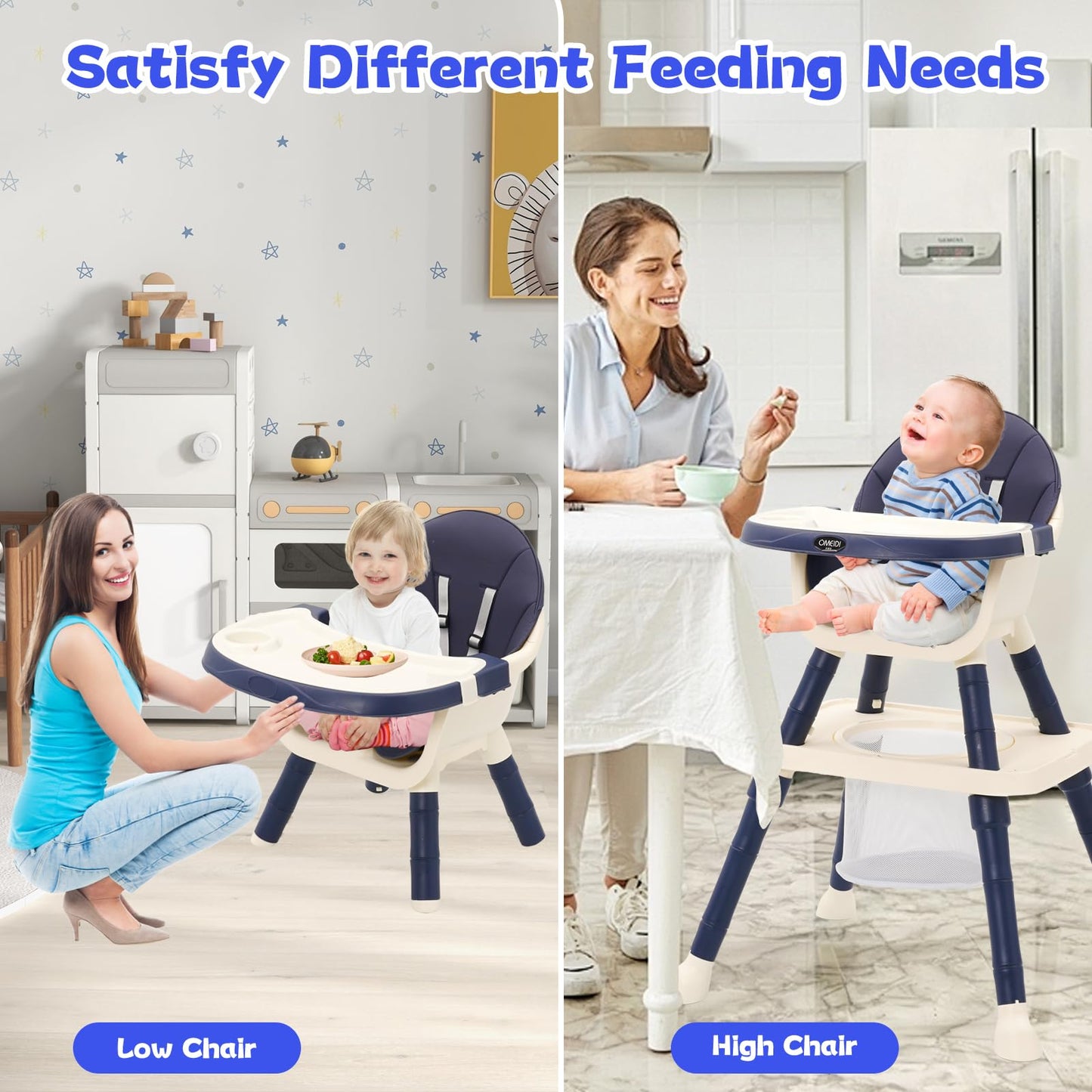 7-in 1 Baby High Chair, Highchair with Removable Game Table, Adjustable Height, Footrest, Portable Baby Chair Multifunctional Combination for Babies Toddlers (Blue)