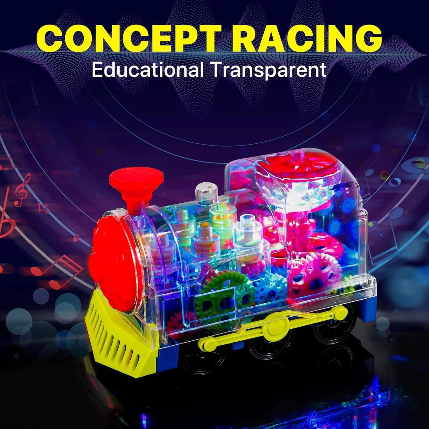 SWTOIPIG Gear Train Toy Light Up Music Electric Train Toy Transparent Rotating Mechanical Gear for Kids Educational Cartoon with Flashing Light Sound Music Locomotive