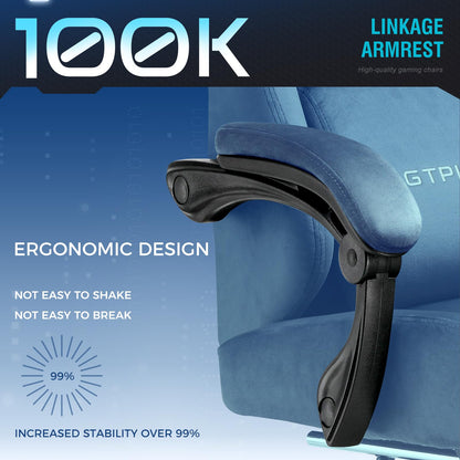 GTPLAYER ergonomic gaming chair with breathable fabric, adjustable backrest and extendable footrest in blue, designed for comfort.