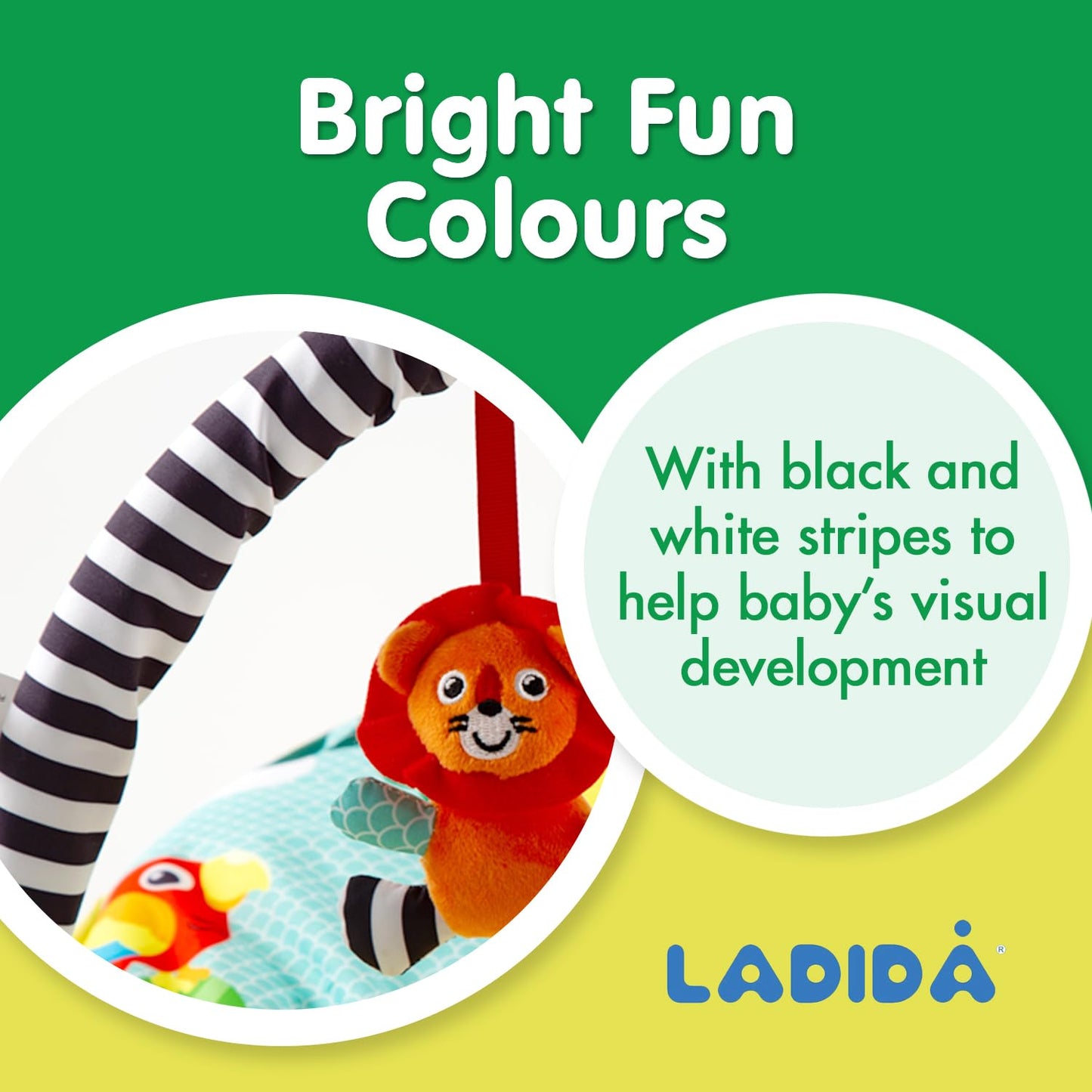 LADIDA Baby Bouncer, Bright and Colourful Safari Theme, Soothing Music and Vibration to Relax and Entertain Baby