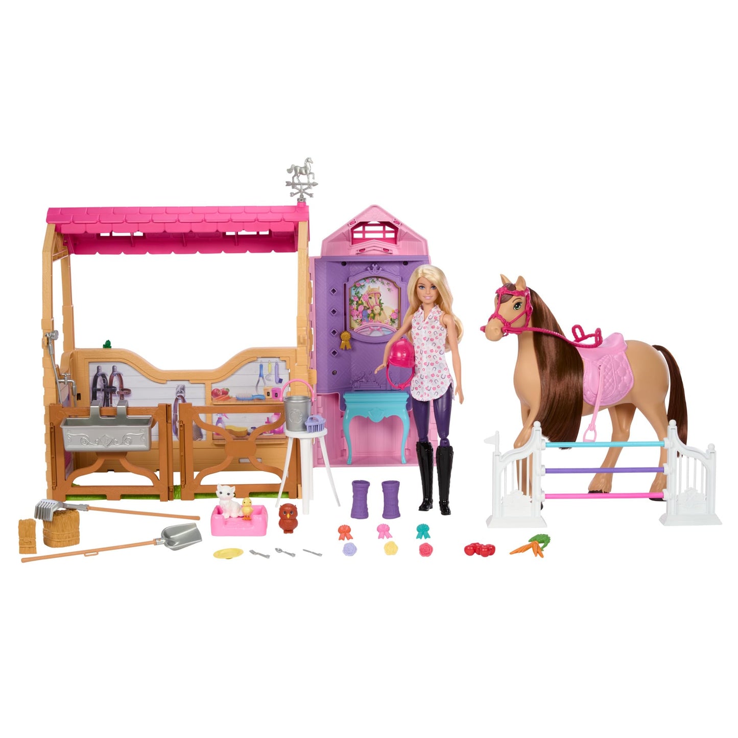 Barbie toy stable playset with doll, horse, and accessories, featuring 25+ pieces and six areas of play for imaginative fun.