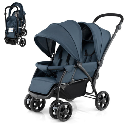COSTWAY double seat pushchair with navy fabric, foldable twin tandem stroller, adjustable backrest, sunshade, and safety belts.