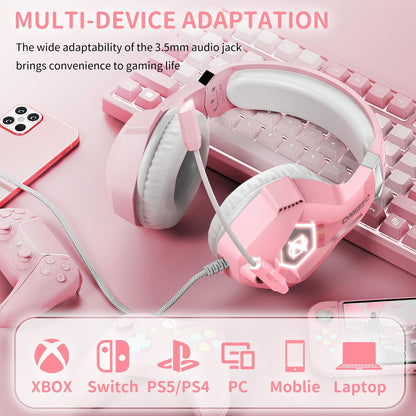 Ozeino Gaming Headset with Microphone for PS5/PS4/Xbox One/PC/Switch, Gaming Headphones with 3D Surround Sound & Noise Cancellation Pink