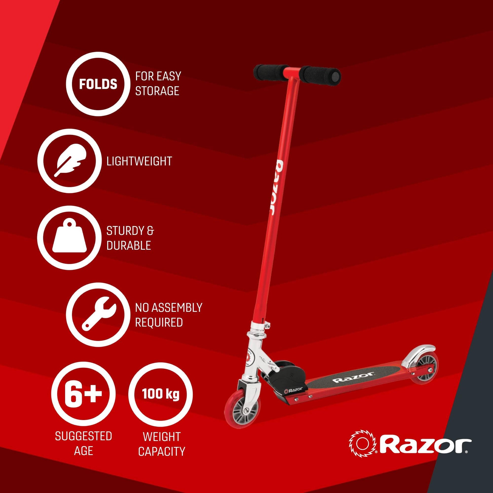 Razor S Real Steel Kick Scooter in red with a sturdy frame and smooth wheels, ideal for cruising and tricks.