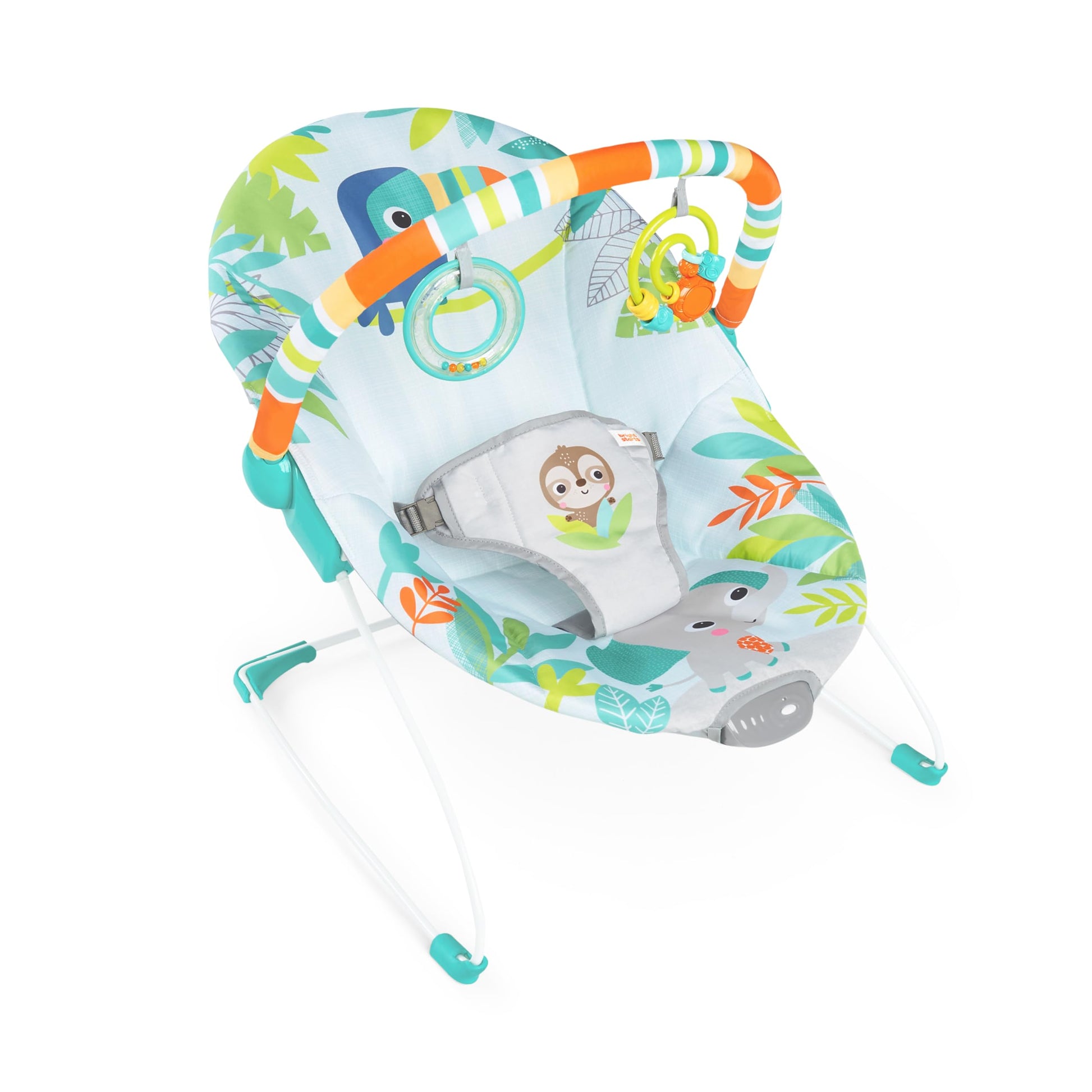 Bright Starts rainforest-themed baby bouncer with soothing vibrations, removable toy bar, and nonslip feet for infants up to 20 lbs.