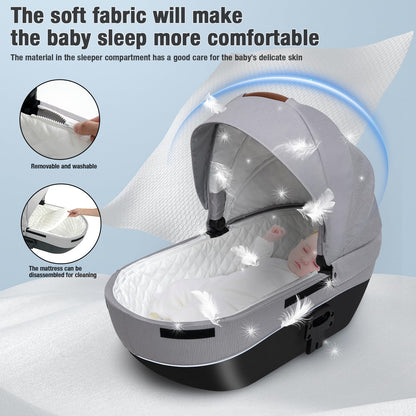Magic ZC 4 in 1 Pushchair Pram Travel System, Baby Stroller 4 in 1 with Reversible Two Pushing Modes, Newborn Infant Carriage One-Click Folding, Toddler Buggy Aluminum Frame (H2 Light Grey)