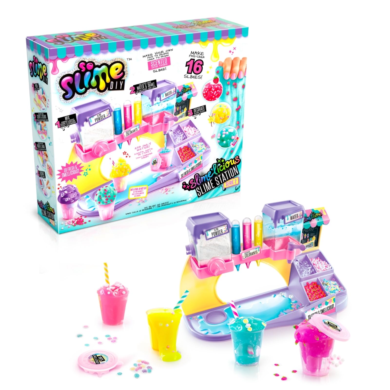 So Slime DIY Slimelicious Slime Station by Canal Toys with colorful slime, containers, and decorative shakers for making scented slimes.