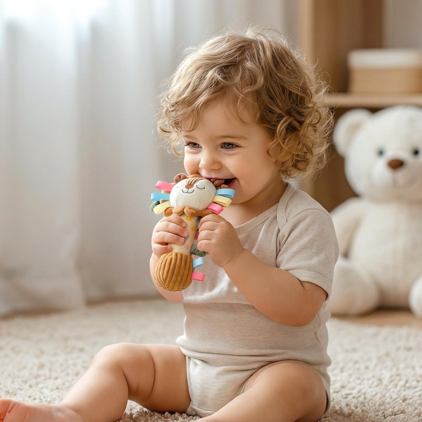 TYRY.HU Baby Rattle Toy,Plush Lion Sensory Shaker with Bells, Crinkle & Squeaker,Soft Sensory Toy with Sound for Newborn Infant Toddler Girls Boys 0-12 Months