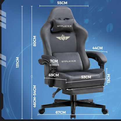 GTPLAYER fabric gaming chair with ergonomic design, adjustable headrest, lumbar support, footrest, and 360° swivel for home office use.