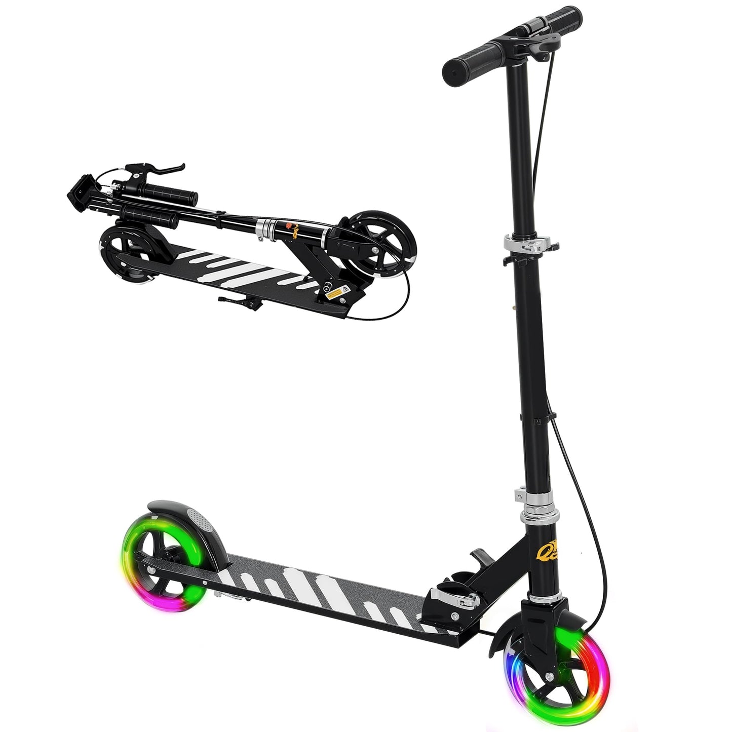 Black AIYAPLAY folding kick scooter for ages 3-8, featuring adjustable handle, light-up wheels, and handbrake.