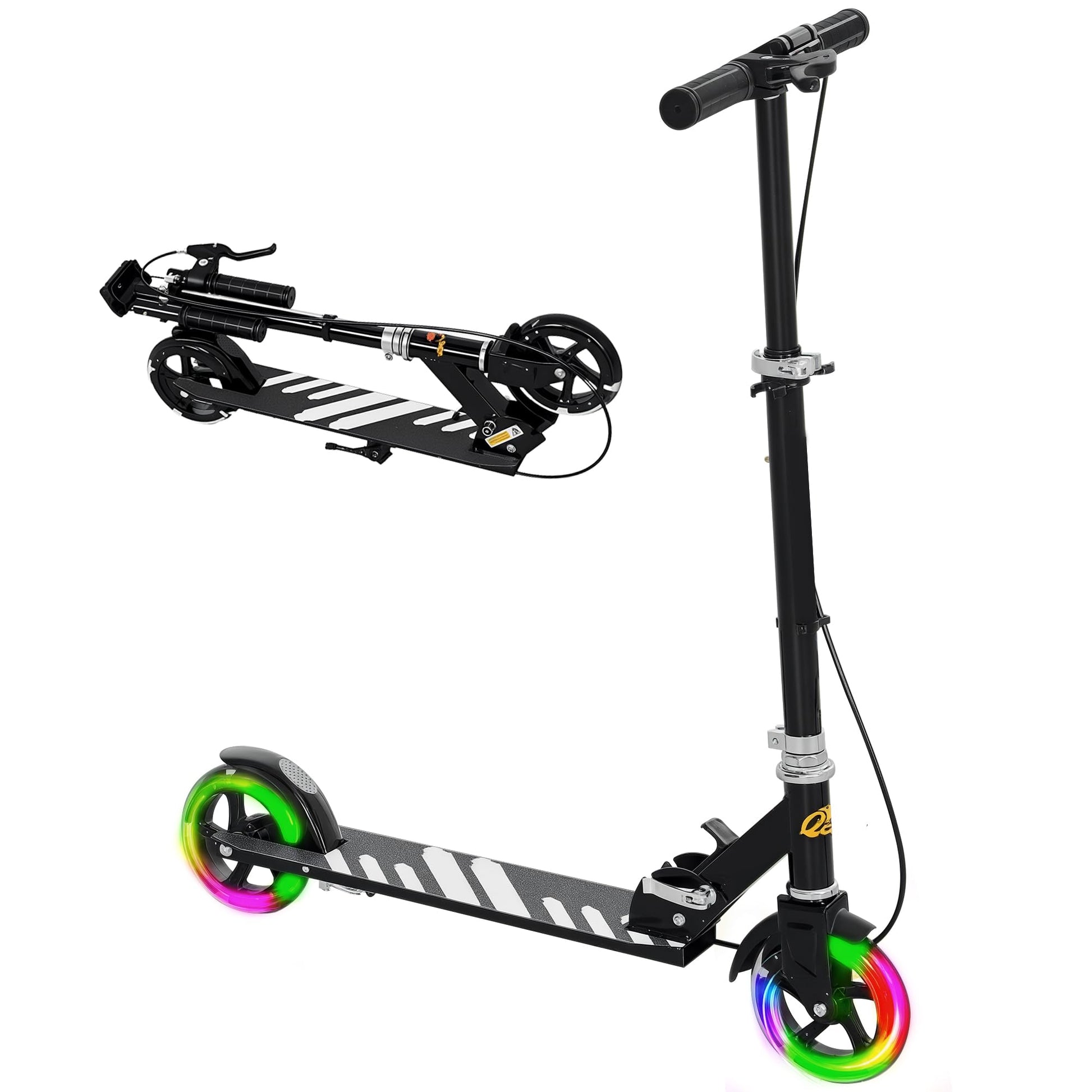 Black AIYAPLAY folding kick scooter for ages 3-8, featuring adjustable handle, light-up wheels, and handbrake.