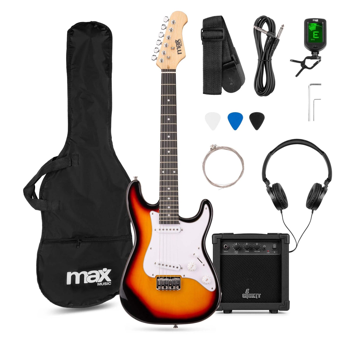 Max GigKit Junior electric guitar starter pack in sunburst finish with amplifier, case, tuner, strings, picks, and strap for kids aged 8-13