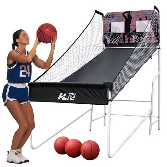 Foldable electronic automatic Basketball training machine Basketball Hoop Basketball Stand Home double basketball game with scoring machine for Kids and adults, includes 4 basketball and pump