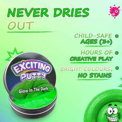 Set of 3 Bodygenix kids' stretchy putty with glow-in-the-dark, heat-sensitive, and UV reactive features, ideal for stress relief.