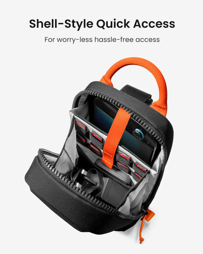 tomtoc black sling crossbody bag for Nintendo Switch 2, with compartments for 8 game cartridges, charger, and accessories.