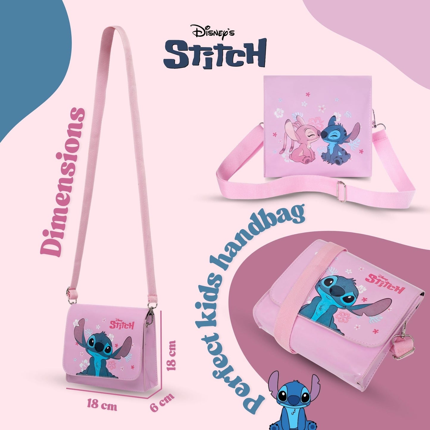 Disney Stitch and Angel girls pink shoulder handbag with adjustable strap, featuring Lilo & Stitch characters, perfect for kids and teens.