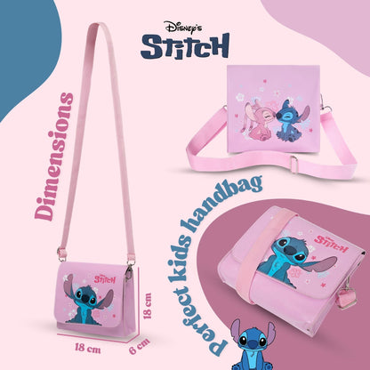 Disney Stitch and Angel girls pink shoulder handbag with adjustable strap, featuring Lilo & Stitch characters, perfect for kids and teens.
