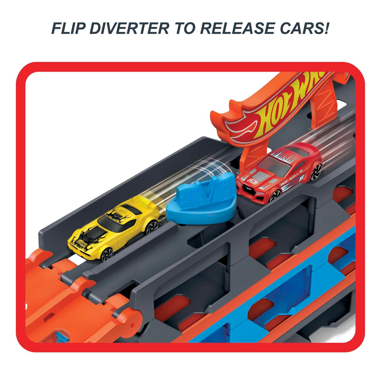 Hot Wheels Speedway Hauler with 3 cars and 6-foot drag race track, designed for kids aged 4 to 8 years.