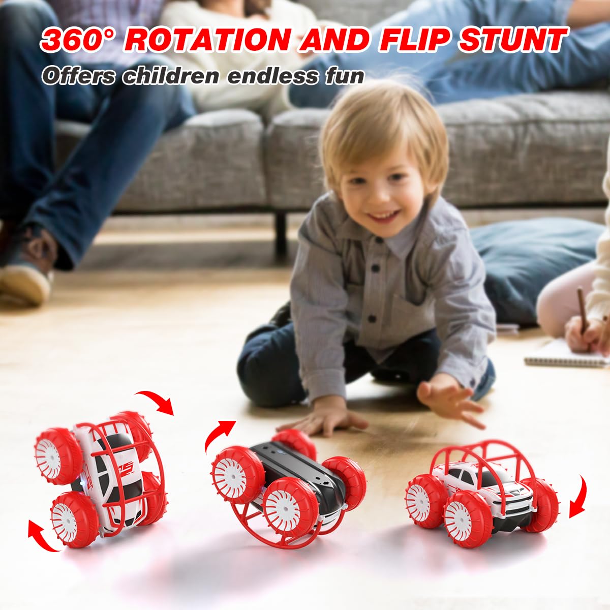 MaxTronic Direct Charging Remote Control Car for Kids, Amphibious RC Cars Toy 2.4G 360° Flips Rotation 15KM/H 4WD All Terrain Stunt Car with Ajustable LED for Boys Girls 3-12 Years Old