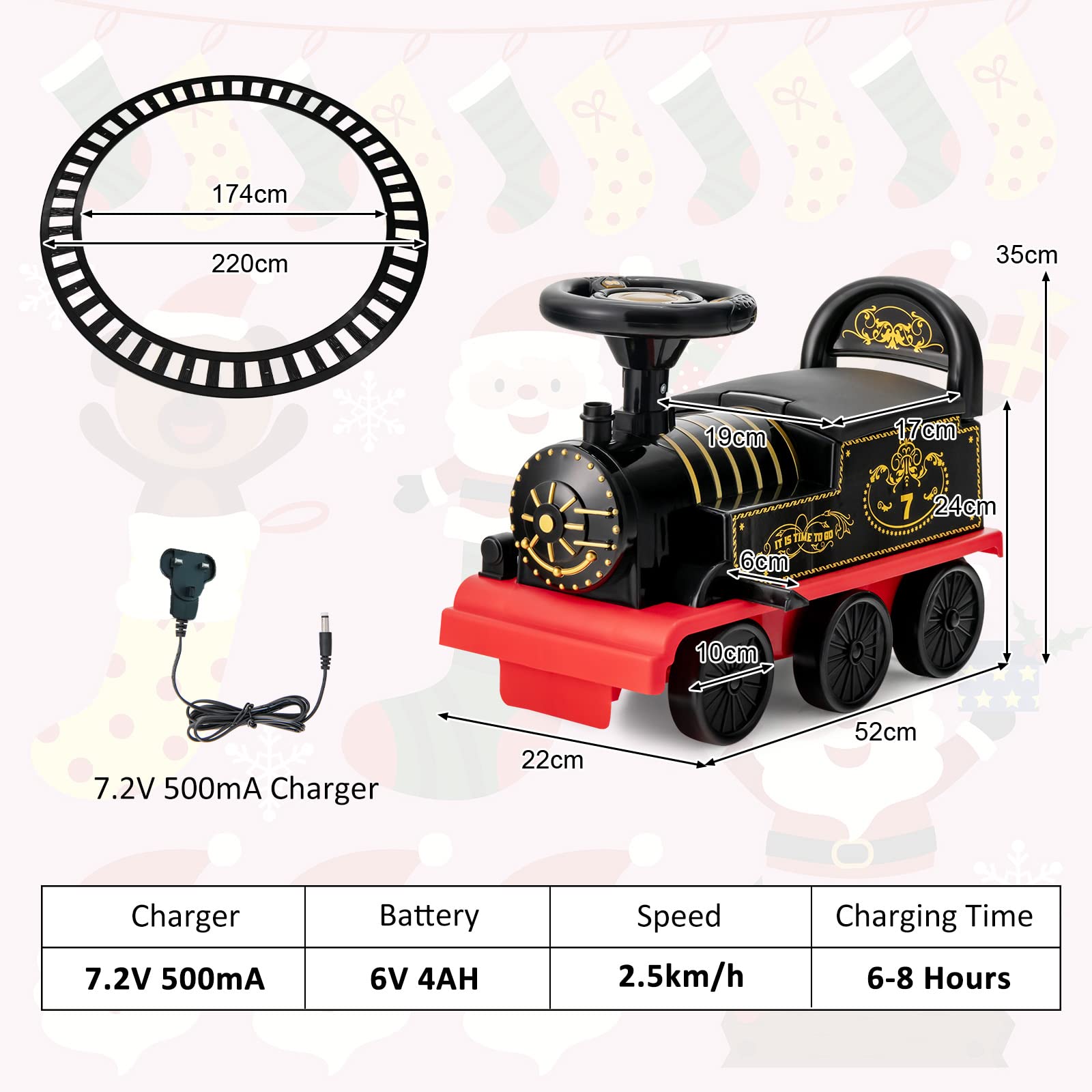 COSTWAY kids electric ride-on train with tracks, flashing lights, music, storage seat, and 6V battery for toddlers in black.