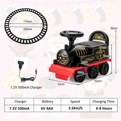 COSTWAY kids electric ride-on train with tracks, flashing lights, music, storage seat, and 6V battery for toddlers in black.