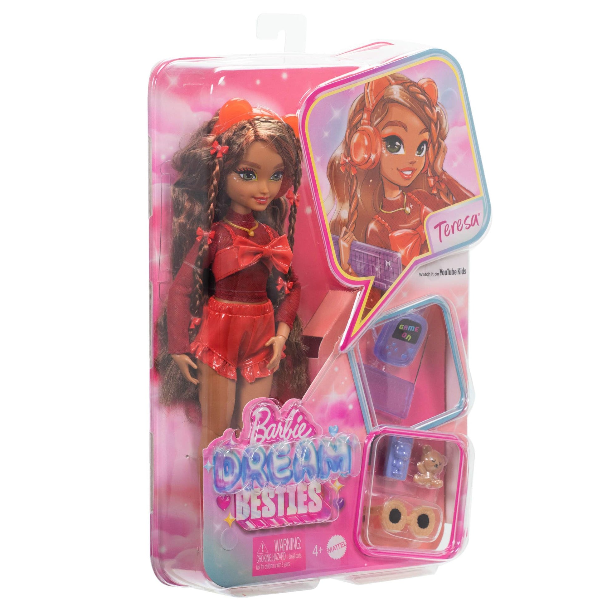 Barbie Dream Besties Teresa doll with brown hair, hairstyling clips, and 10 video game-themed accessories in playset.