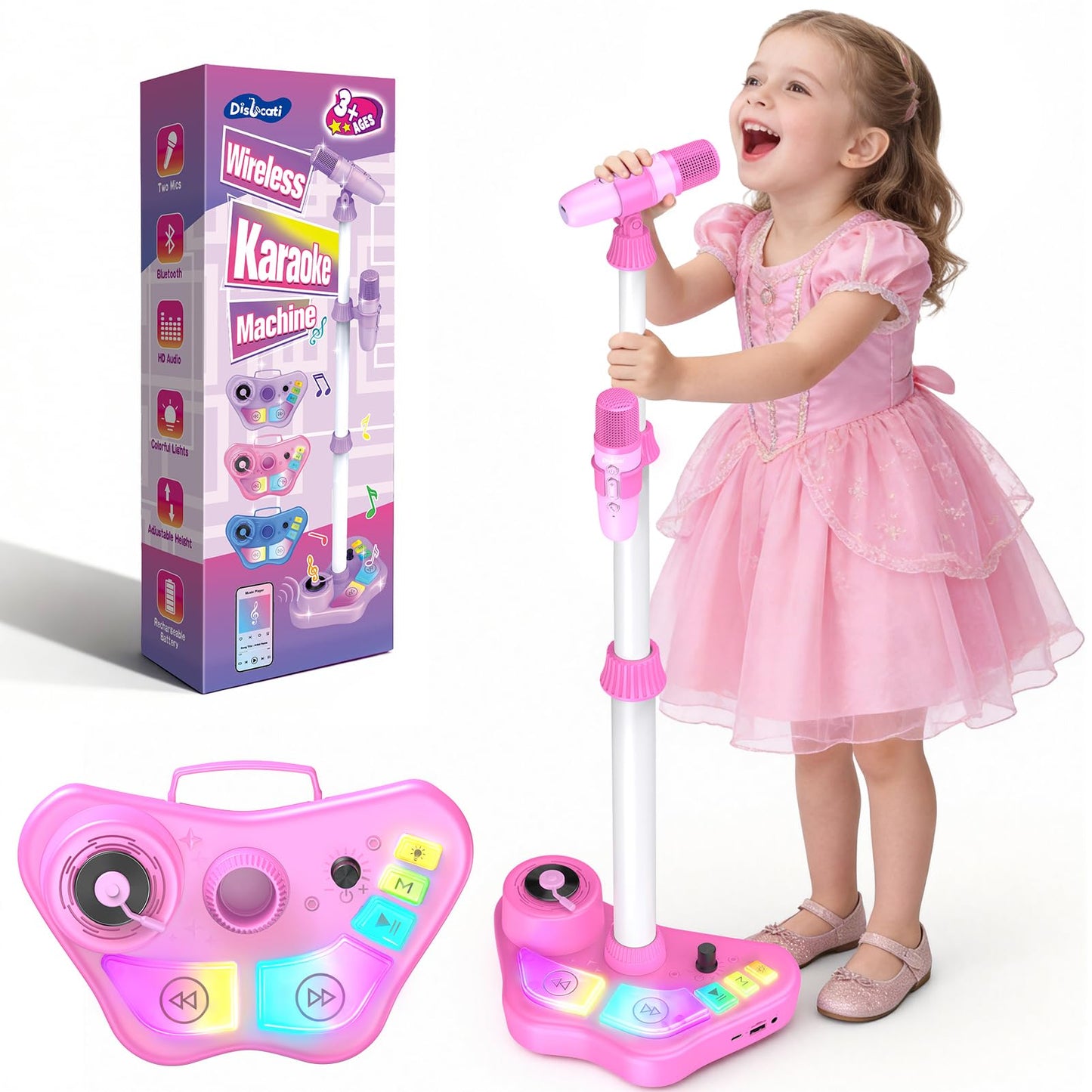 Dislocati Kids Karaoke Machine with 2 microphones, Bluetooth speaker, LED lights, stand, ideal for girls aged 3-10, birthday gift