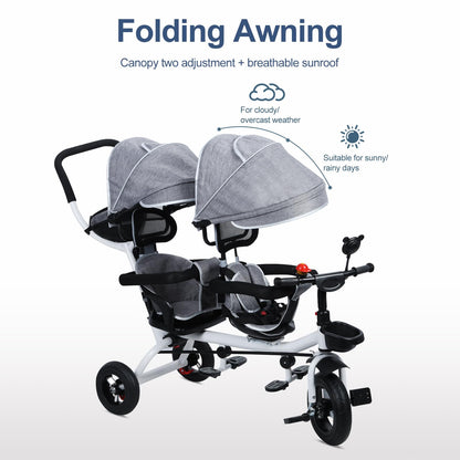 Bidbory Double Pram, Tandem Tricycle Double Buggy Double Pushchair Twin Stroller, with Double Seat and Canopy, Stroller for 2-8 Years Old Kid